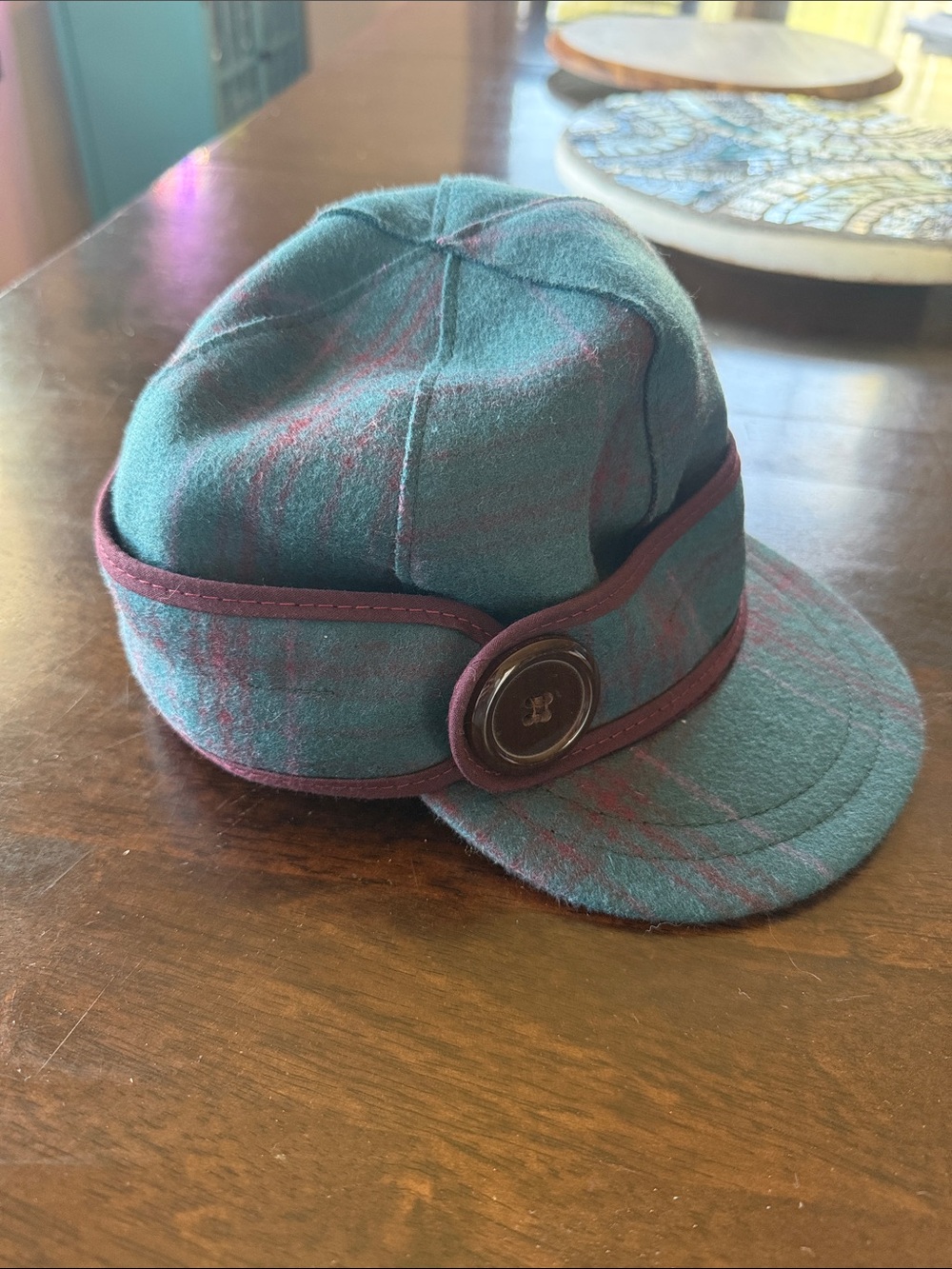 Womens Teal Plaid Wool Cap with Burgundy Trim and Button Accent